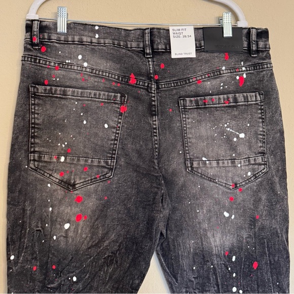 Blind Trust Black Jeans Paint Splatter Slim Fit Red And White 38x34 Hip Hop NEW - Picture 9 of 16